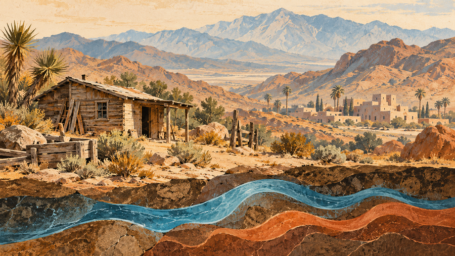 AI-generated conceptual illustration of desert homesteading, salvaged wood and symbolic hot and cold water; not a historical photograph or exact reconstruction