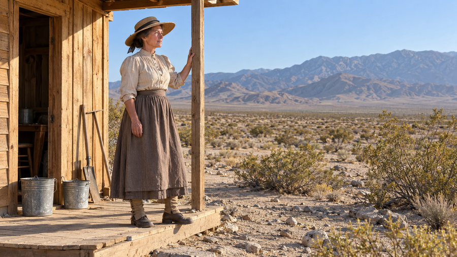 AI-generated interpretation of a woman beside an early desert homestead, representing Hilda Gray; not an authenticated likeness or cabin.