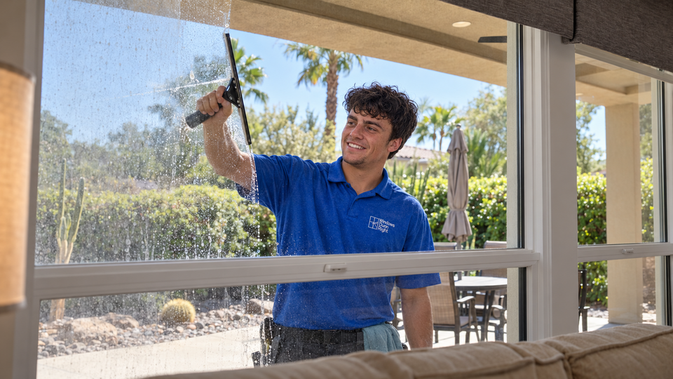 AI-created illustration of Landon Dunn cleaning a backyard-facing window, viewed from inside a living room