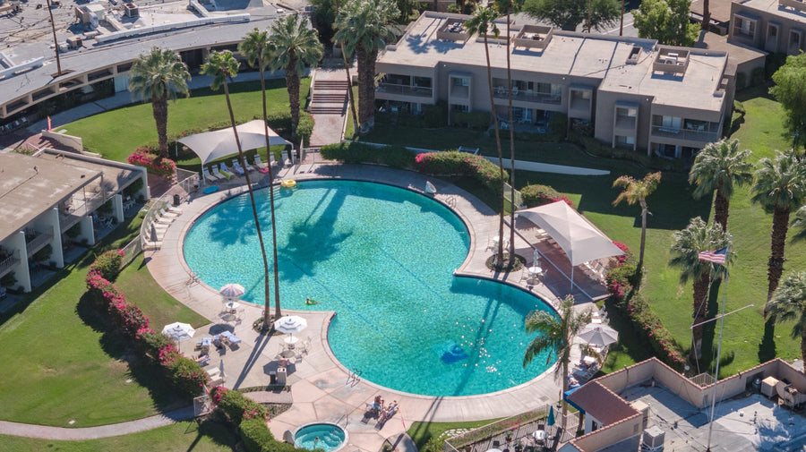 Shadow Mountain Resort's figure-eight pool and surrounding terrace, photographed by Mark Miller on October 15, 2026.