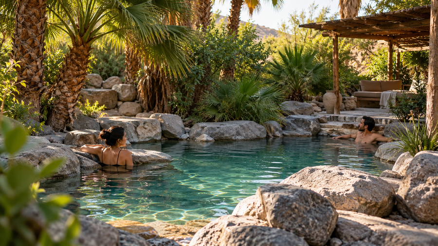 AI-generated interpretation of a palm-shaded mineral pool inspired by Two Bunch Palms; not a photograph of its exact facilities.