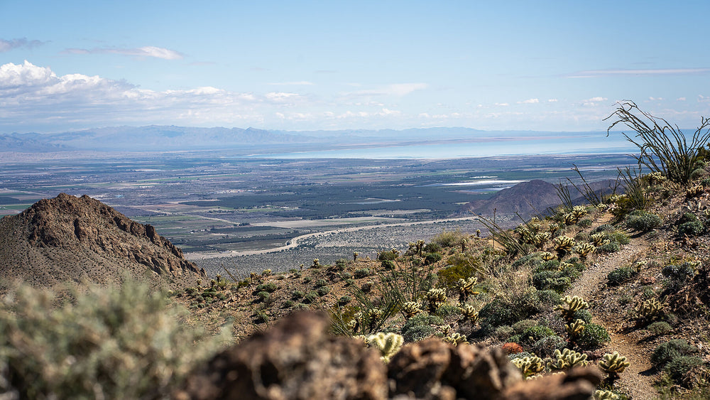 Scenic panoramic view from hiking trail in La Quinta, California overlooking mountains and desert valley