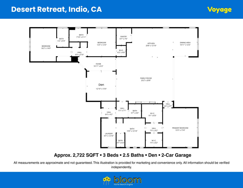 Floor plan of a house in Desert Retreat, Indio, CA with details about size, bedrooms, bathrooms, and garage.