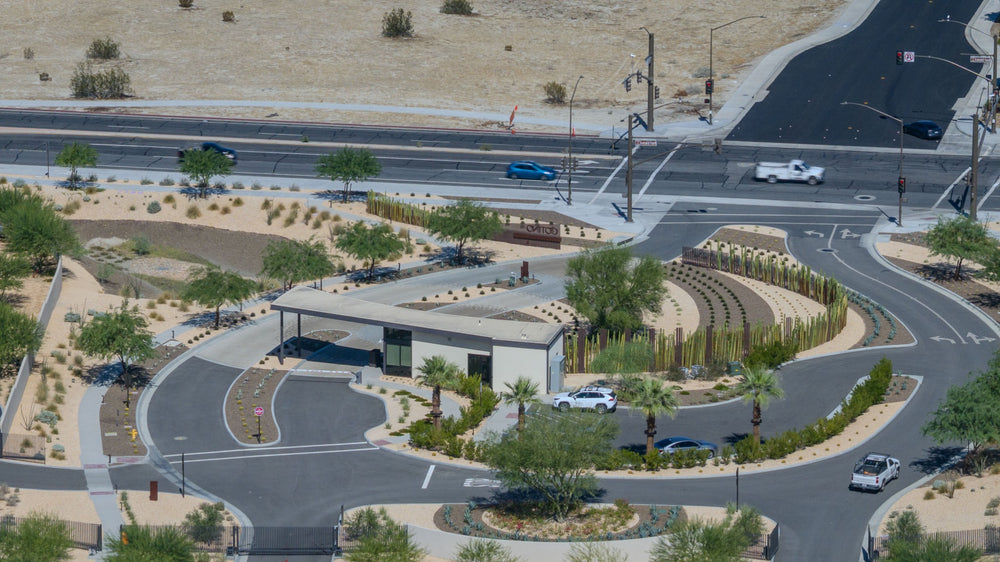 Cotino’s landscaped gatehouse and entry lanes, photographed by Mark Miller on October 13, 2026.