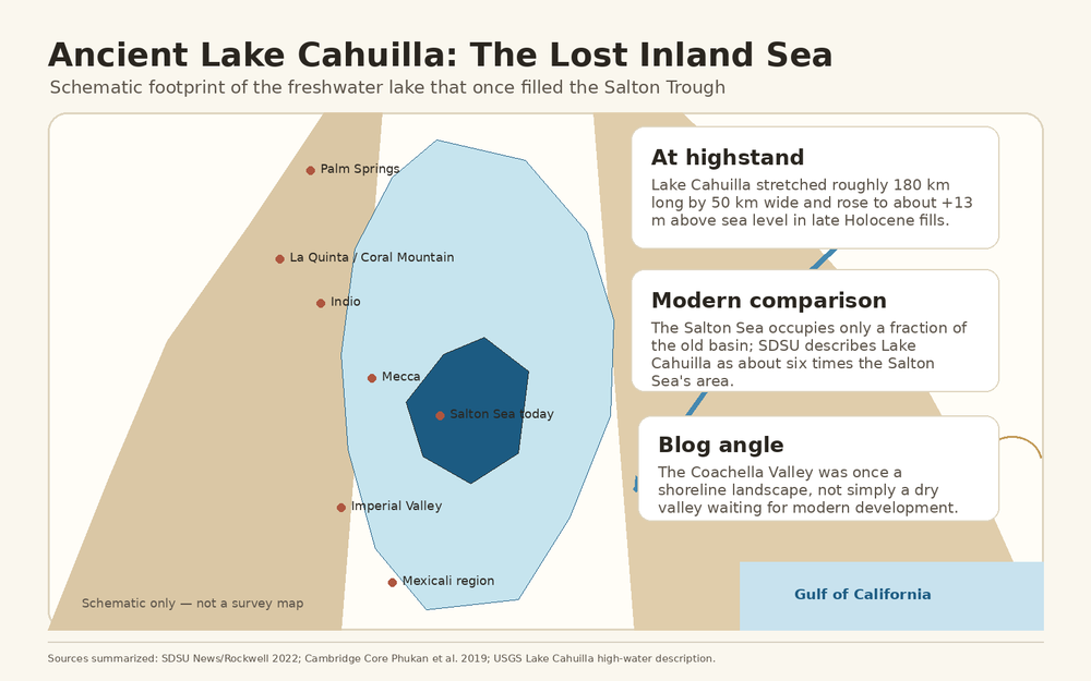 Editorial schematic comparing Ancient Lake Cahuilla with the modern Salton Sea; not to scale