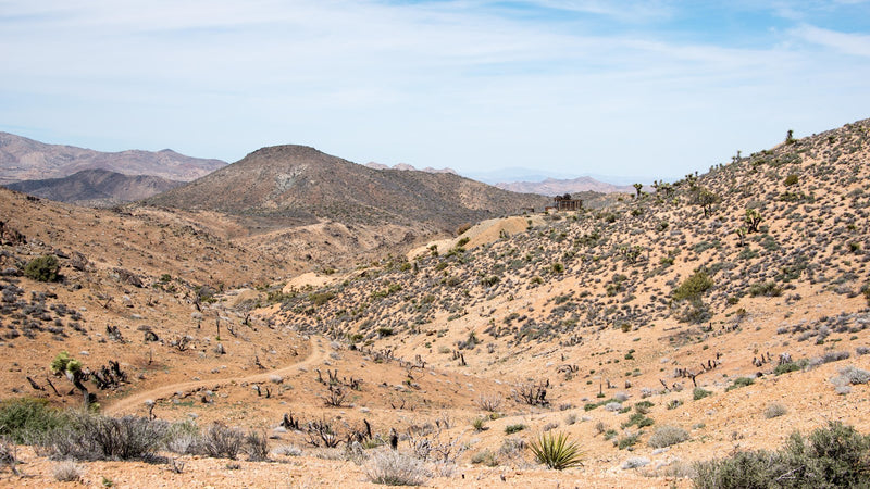Lost Horse Mine’s wooden mill in a broad view of the mountains of Joshua Tree National Park. Photograph: NPS / Lian Law.