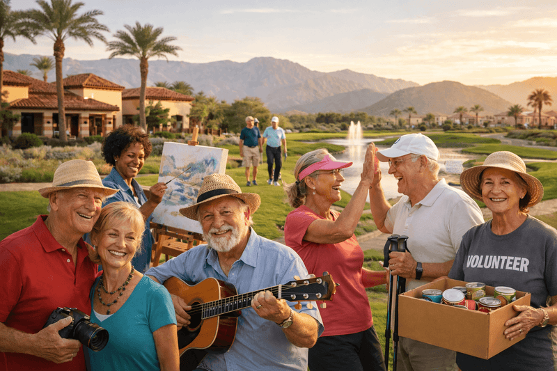 sun city shadow hills residents living a good life out front of the clubhouse