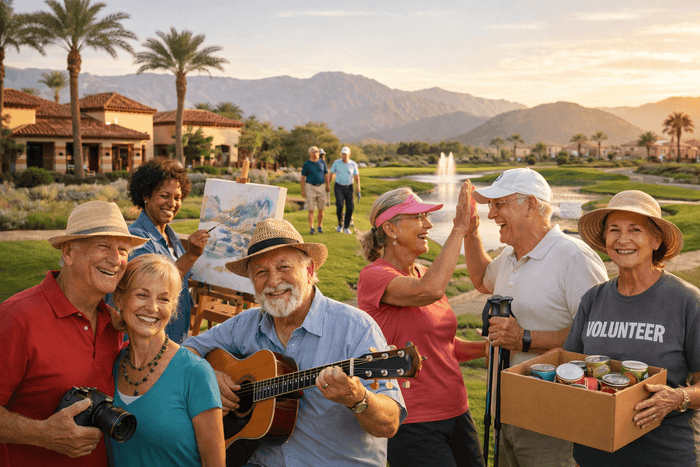 sun city shadow hills residents living a good life out front of the clubhouse
