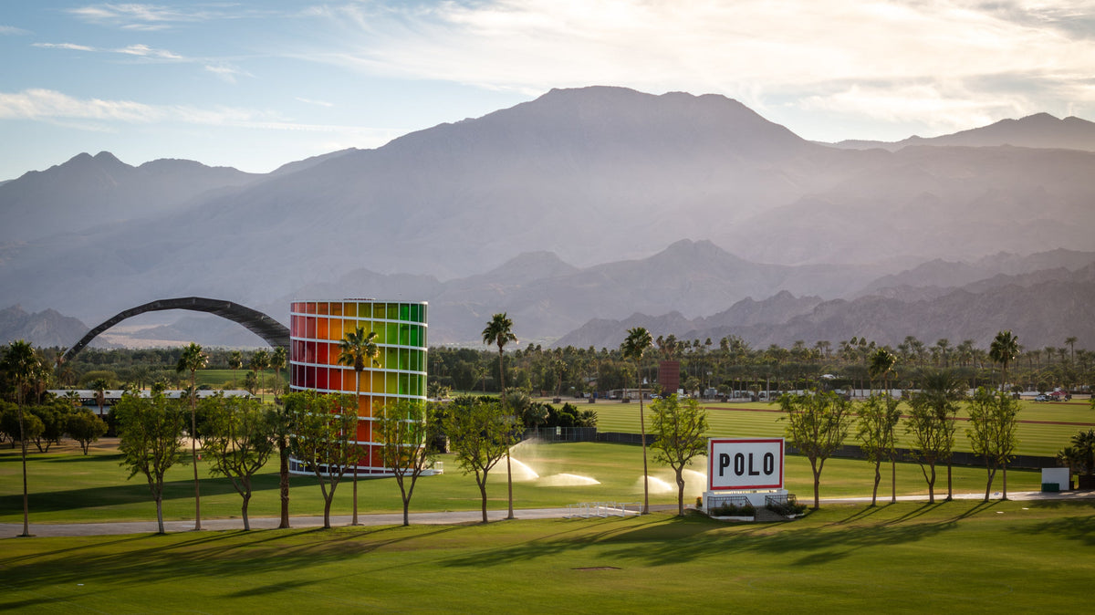 Spectra tower and quiet green fields at Empire Polo Club in Indio in January 2025