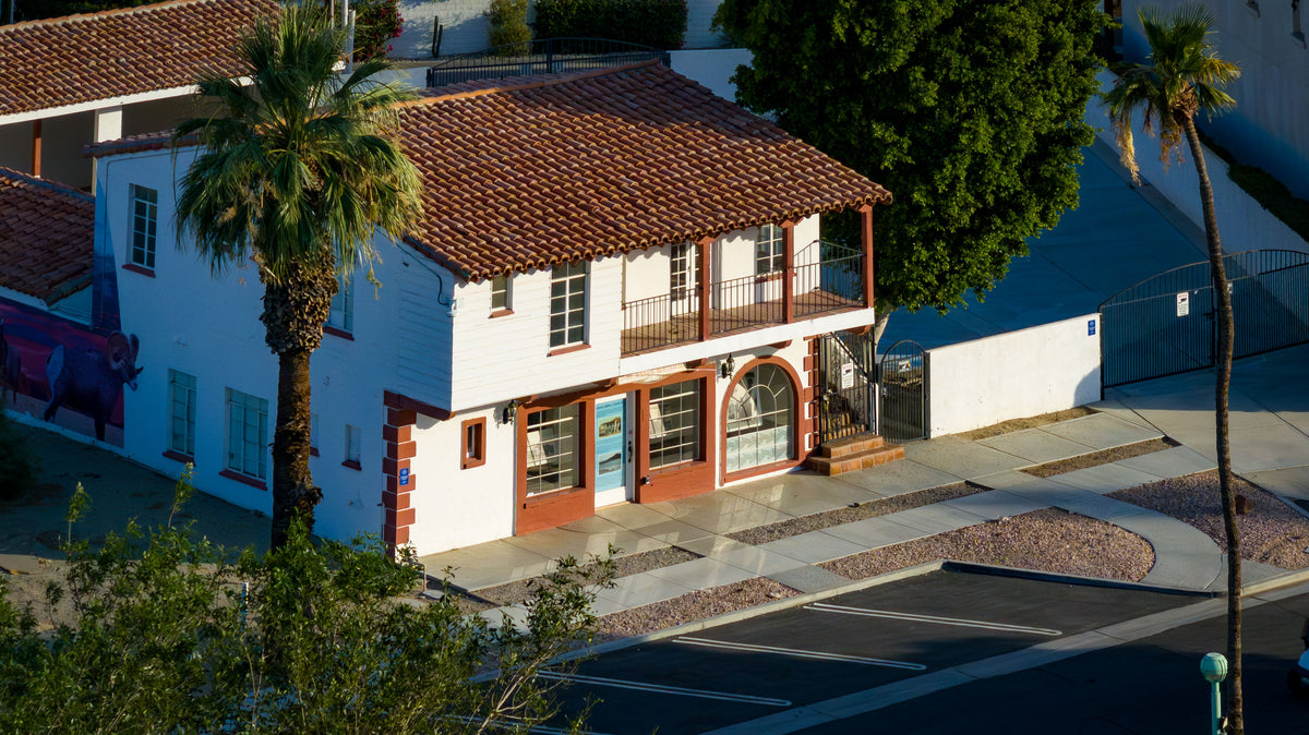 Historic La Quinta Milling & Lumber Co. property and Cultural Campus aerial view near Old Town La Quinta California