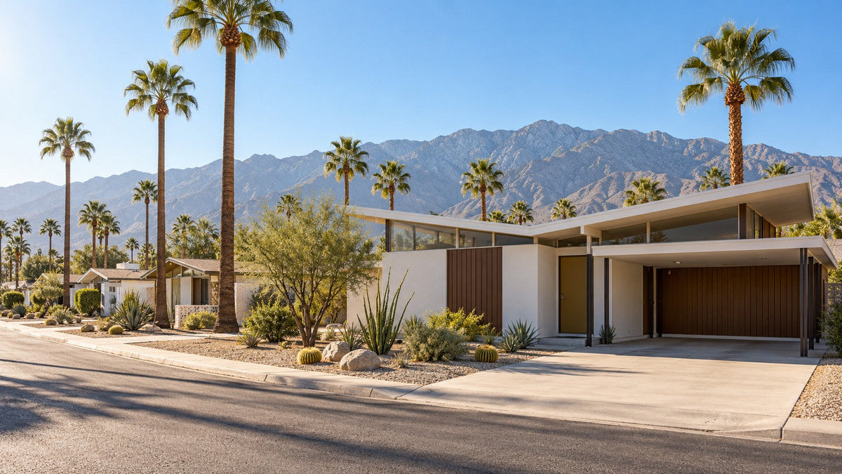 AI-generated illustration of an invented Palm Springs modernist neighborhood; not a photograph of a specific Alexander home.