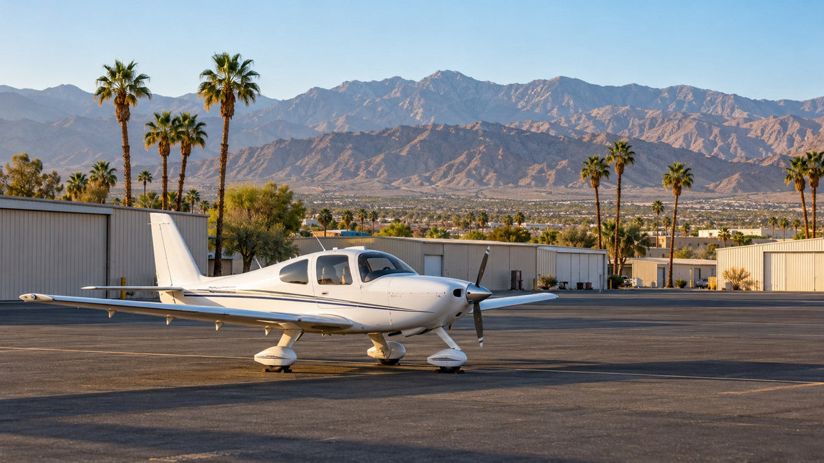 AI-generated editorial illustration of a light airplane at a desert airfield; not a photograph of Bermuda Dunes Airport.