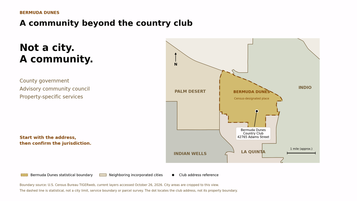 Census-based orientation map showing Bermuda Dunes as an unincorporated community beside Palm Desert, Indian Wells, La Quinta and Indio, with a country club address marker.