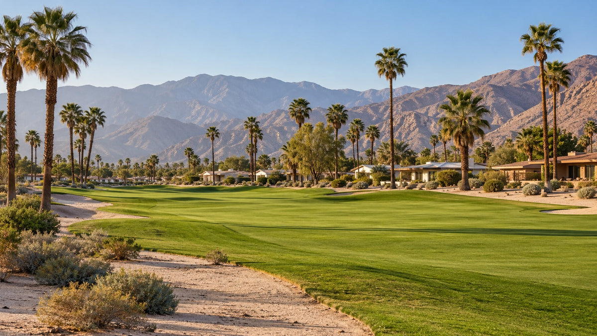 AI-generated editorial illustration of a desert fairway, low homes and palms; not an actual view of Bermuda Dunes.