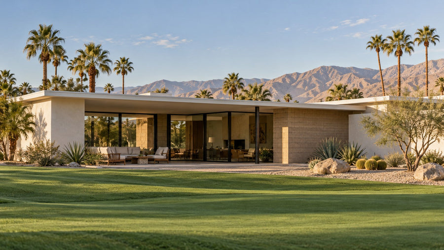 AI-generated illustration of an invented midcentury desert home with deep roof overhangs, shaded glass and a fairway; not an actual Bermuda Dunes property.