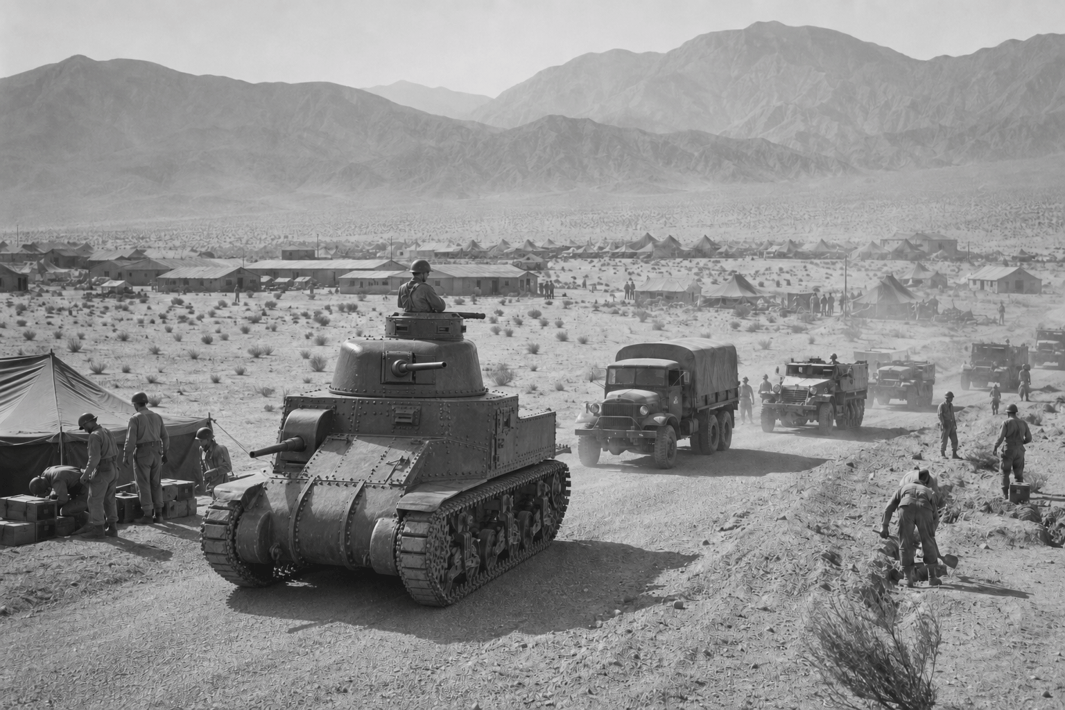 Black-and-white editorial reconstruction of Camp Young in 1942, with soldiers, an M3 Lee tank, military trucks and tents in the desert east of Indio.