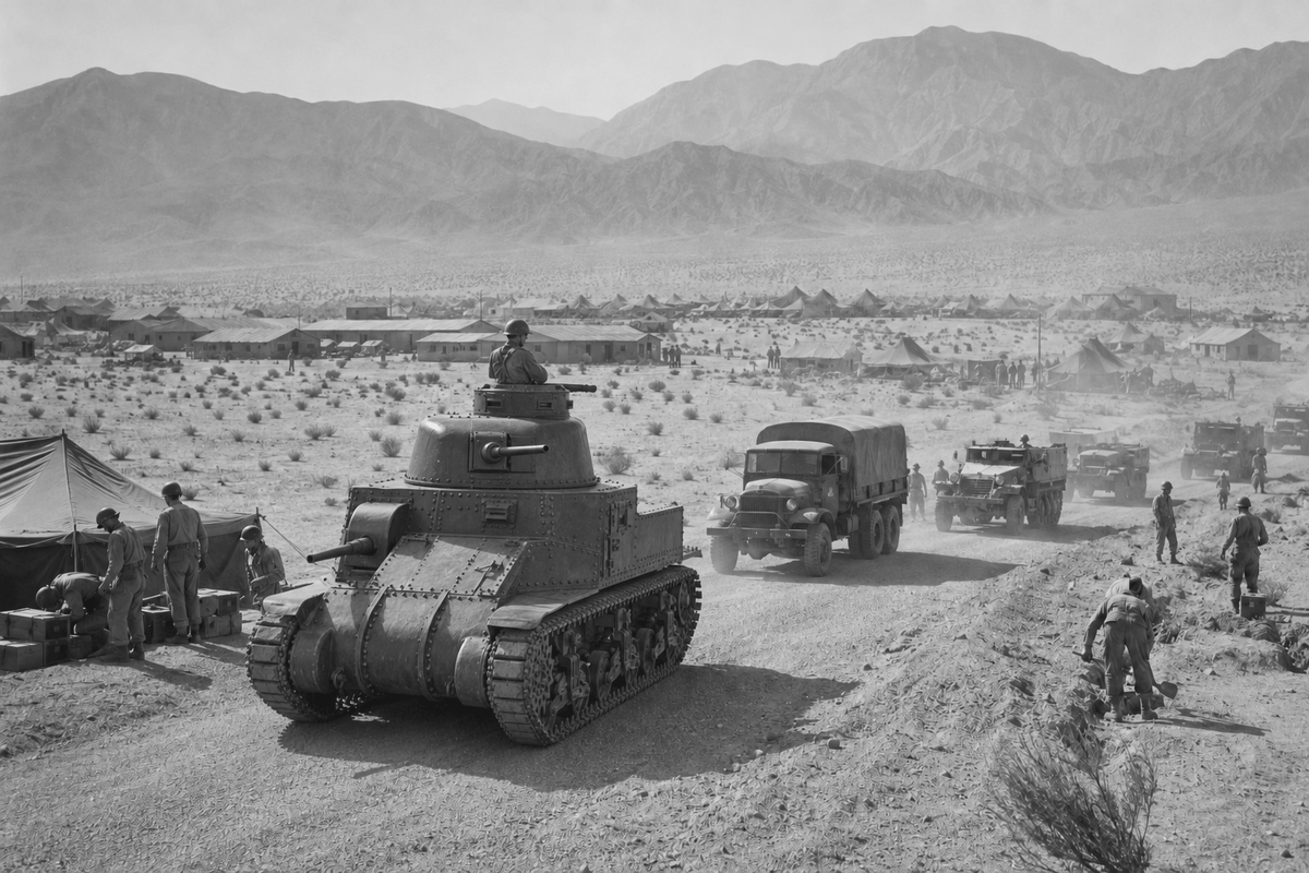 Black-and-white editorial reconstruction of Camp Young in 1942, with soldiers, an M3 Lee tank, military trucks and tents in the desert east of Indio.