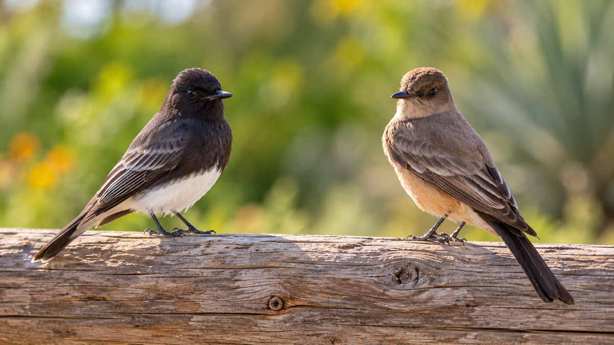 AI-generated comparison based on Mark Miller’s photographs: Black Phoebe on the left and Say’s Phoebe on the right, perched on a wooden fence.
