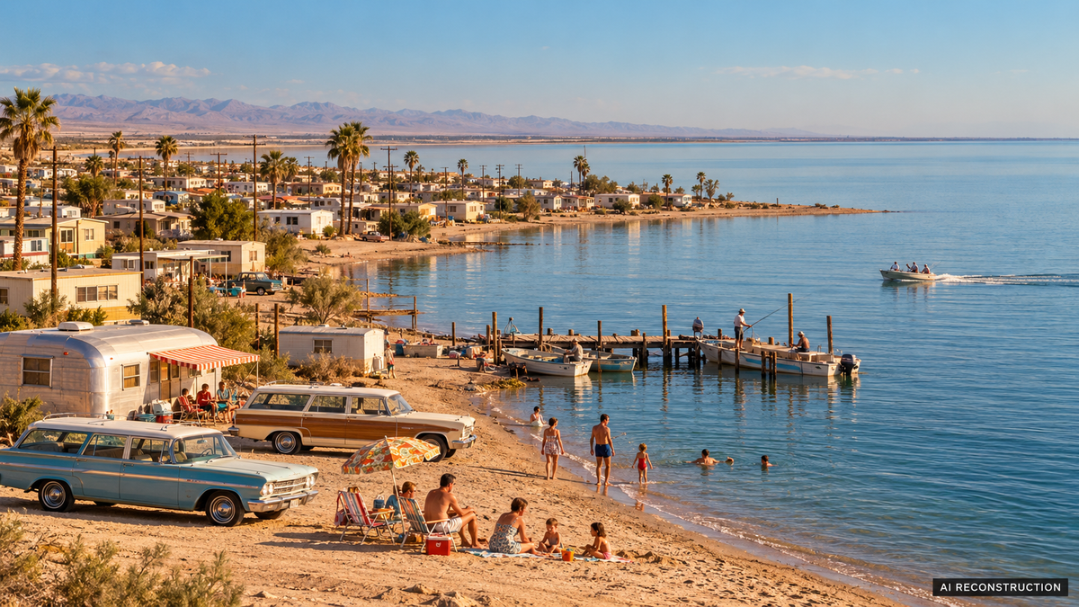 AI reconstruction of mid-century recreation at Bombay Beach; imagined boats, families and travel trailers beside the Salton Sea.