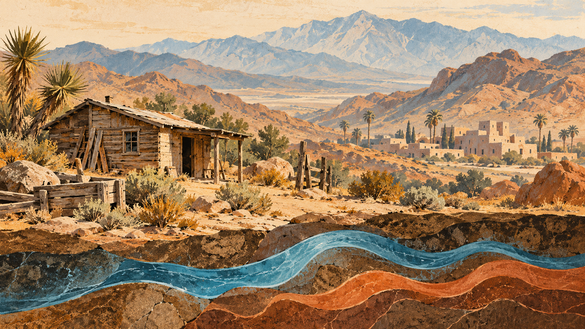 AI-generated conceptual illustration of desert homesteading, salvaged wood and symbolic hot and cold water; not a historical photograph or exact reconstruction