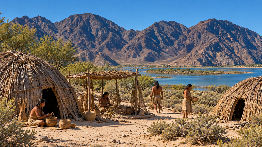 AI-generated reconstruction of Cahuilla people beside brush houses, with an ancient lake and the Santa Rosa Mountains in the background