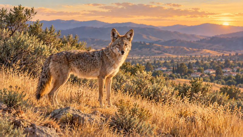 AI-generated editorial illustration of a coyote above a California neighborhood at sunset; not a documentary photograph.