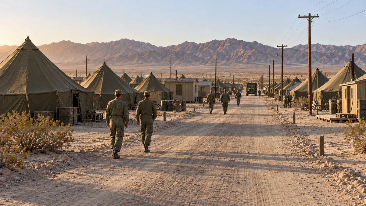 AI-generated editorial reconstruction of Camp Dunlap’s tent camp near Niland during World War II; illustrative arrangement