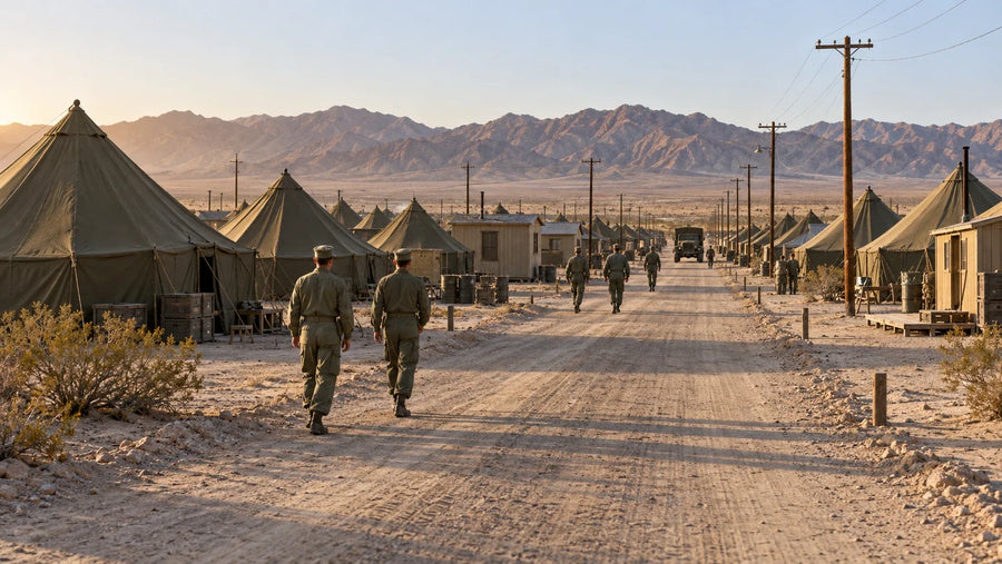 AI-generated editorial reconstruction of Camp Dunlap’s tent camp near Niland during World War II; illustrative arrangement