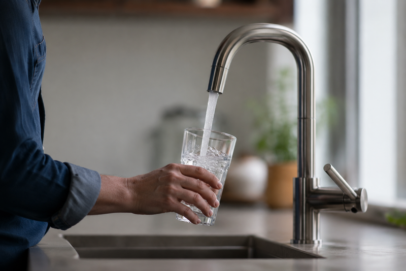 Illustrative image of a resident filling a glass with Coachella Valley tap water