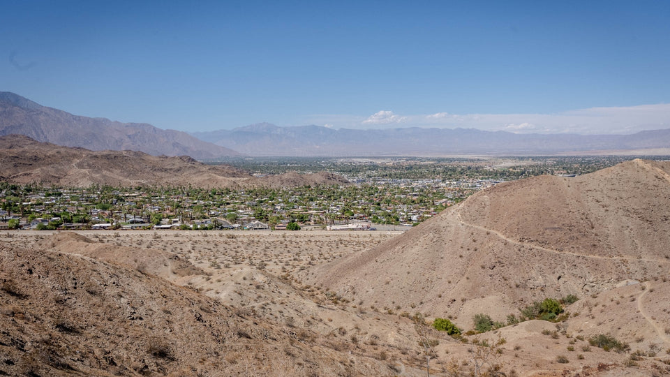 Rocky foothills and a broad Coachella Valley view from Chuckwalla Trail in Rancho Mirage. Photograph by Mark Miller.