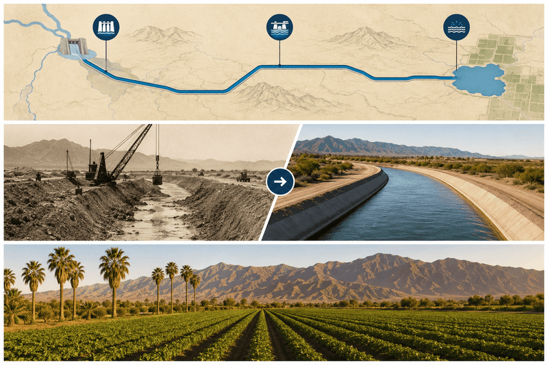Coachella Canal infographic showing water delivery, canal construction, and desert agriculture
