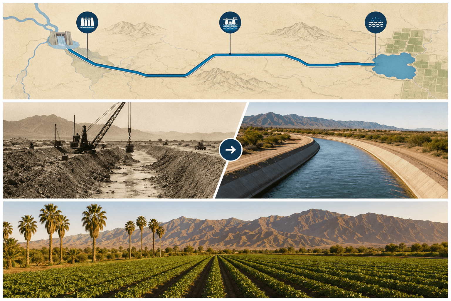 Coachella Canal infographic showing water delivery, canal construction, and desert agriculture