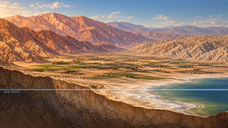 Conceptual AI illustration inspired by Mark Miller’s photography, showing a desert basin, mountain ranges and a sea-level reference line; terrain and elevations are not to scale.
