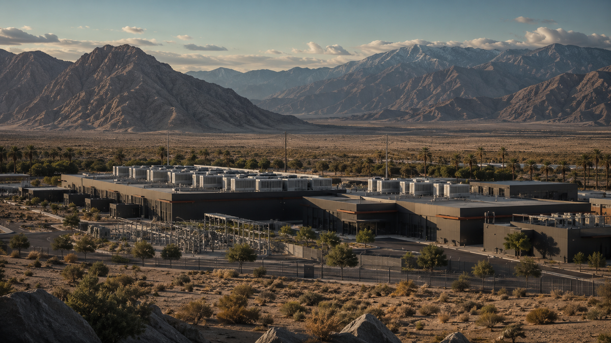 Conceptual AI-generated illustration of a modern data-center campus in a Coachella Valley desert landscape