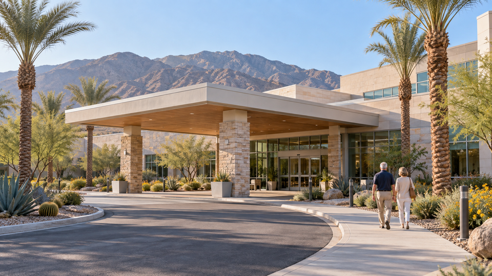 AI-generated illustration of a fictional desert hospital with palms and mountains.