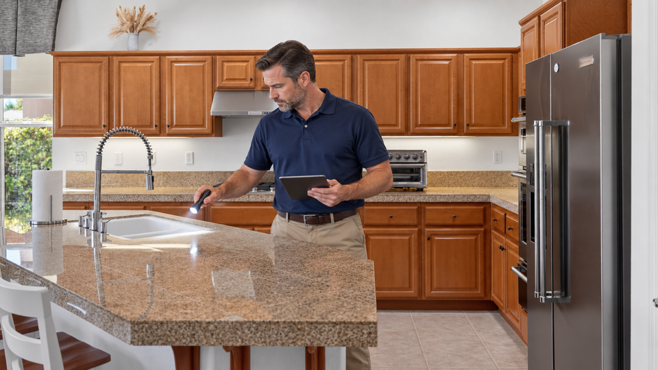 AI-enhanced image of a home-watch specialist checking a kitchen sink with a flashlight and tablet.