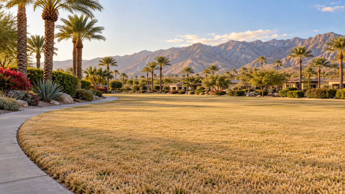 AI-generated illustration of straw-yellow Bermuda turf, palms and mountains in a fictional desert community.