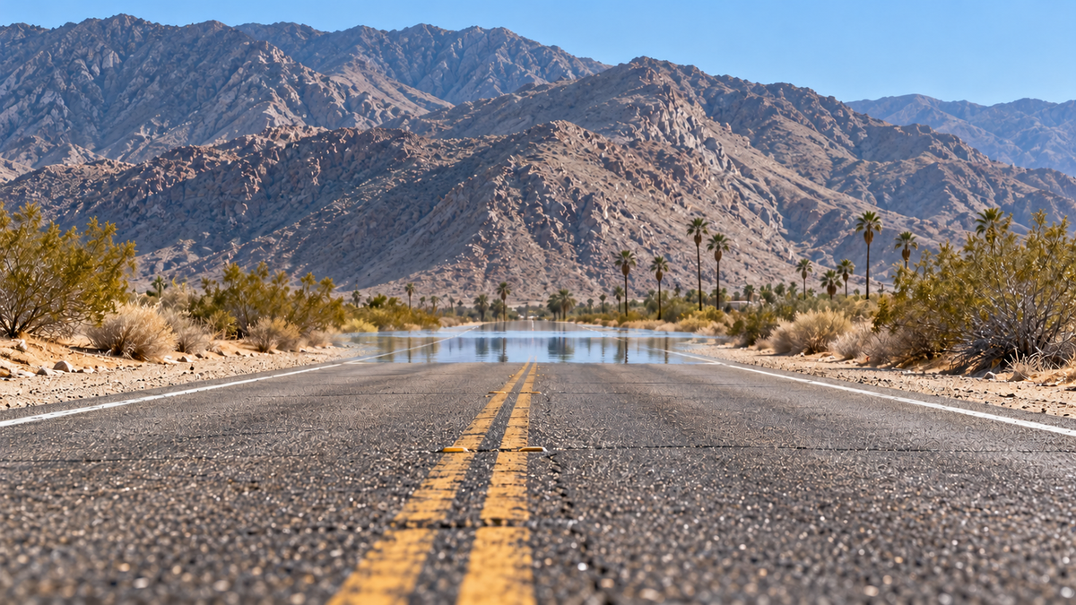 AI-generated illustration of a silvery mirage extending across a dry desert road and its gravel shoulders, with palms and Coachella Valley-inspired mountains.