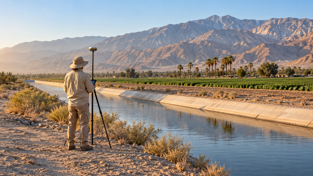 AI-generated editorial illustration of a fictional field survey beside a desert irrigation canal; not an actual survey site or evidence of land subsidence.