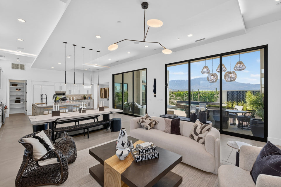 Open-plan living room and kitchen with mountain views at Cotino in Rancho Mirage. Photo by Mark Miller.