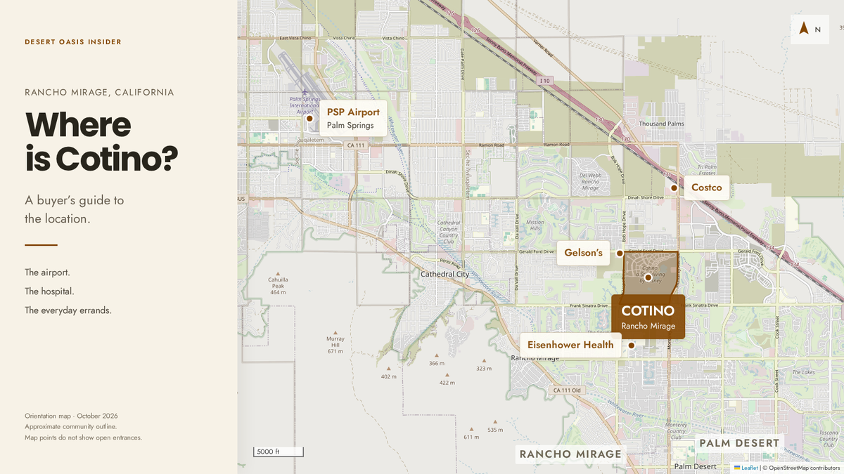 Map showing Cotino in Rancho Mirage relative to Palm Springs International Airport, Eisenhower Health, Gelson’s and Costco.