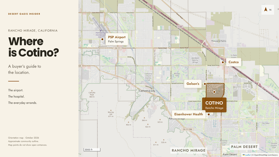 Map showing Cotino in Rancho Mirage relative to Palm Springs International Airport, Eisenhower Health, Gelson’s and Costco.