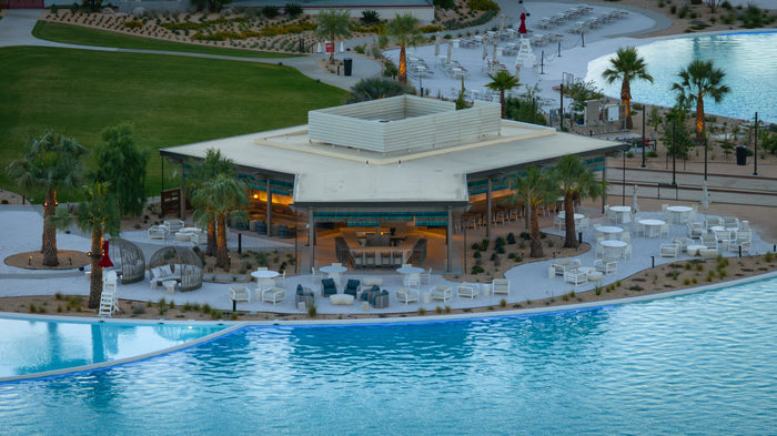 Plot Twist poolside restaurant and bar at Cotino Bay at sundown