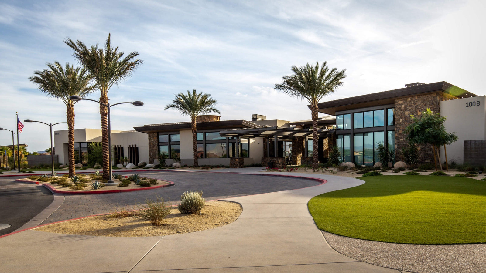 Front entrance of The Outlook clubhouse at Del Webb Rancho Mirage