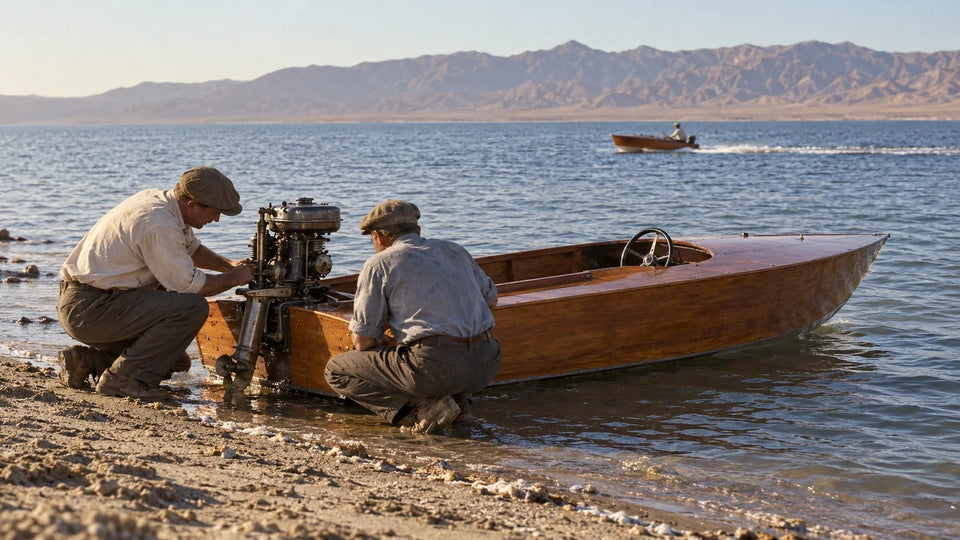 AI-generated editorial reconstruction imagining preparations for late-1920s outboard racing at a desert lake. People, boat and setting are interpretive; this is not an archival photograph or an authenticated depiction of Desert Kid.