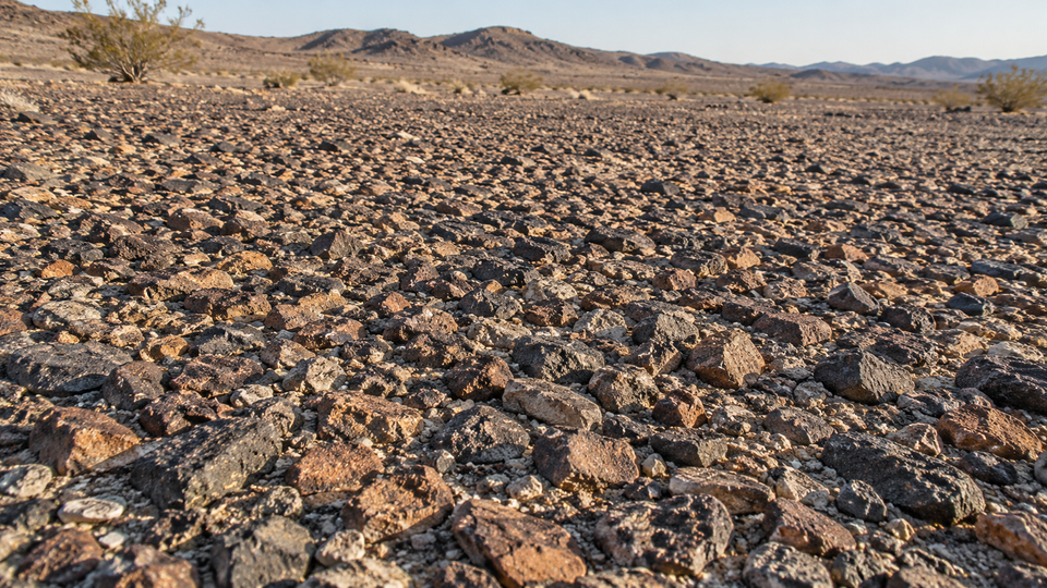 AI-generated editorial illustration of a closely packed, stony desert surface; not a photograph of a verified desert pavement site.