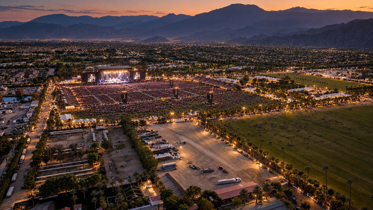 AI-generated reconstruction of Desert Trip at dusk, based on Mark Miller’s aerial photograph of Empire Polo Club