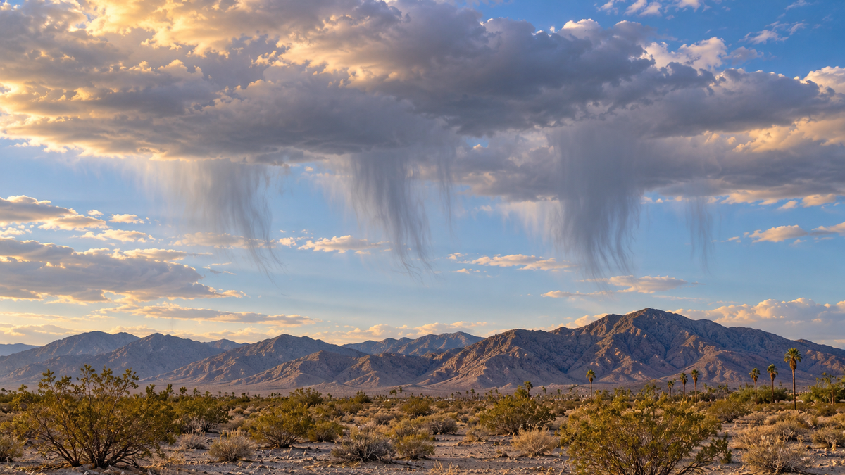 AI-generated illustration of wispy precipitation trails fading beneath clouds above a dry Coachella Valley-inspired desert landscape.