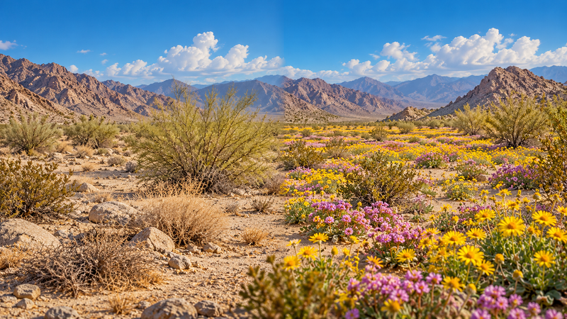 AI-generated conceptual comparison of a sparse desert landscape and one filled with low yellow and purple wildflowers, inspired by Mark Miller’s photography; not a real before-and-after.