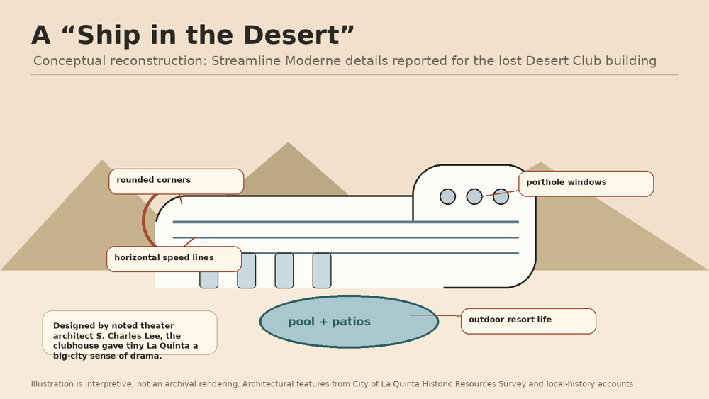 Historic-style illustration of the Desert Club of La Quinta, a lost Streamline Moderne social club that helped shape early La Quinta Cove